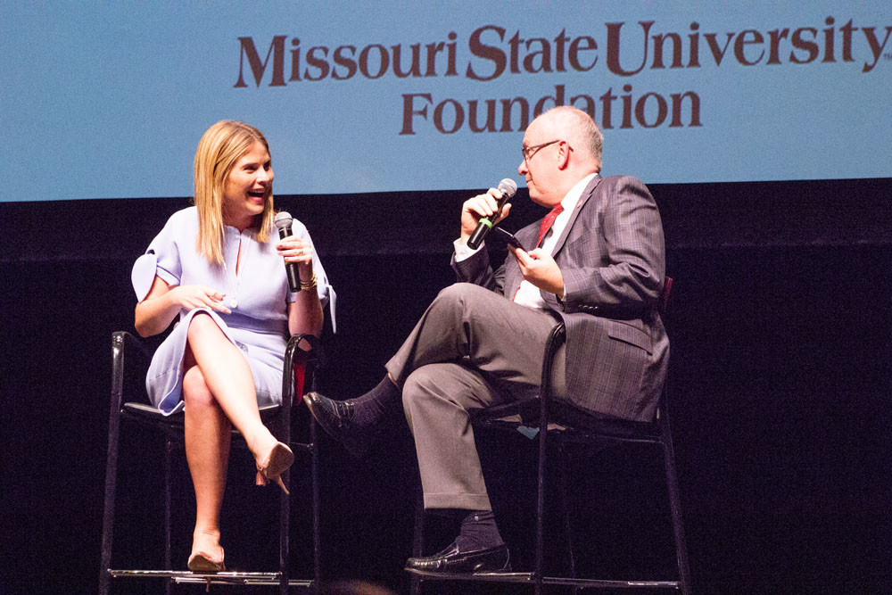 Unity in Community
Jenna Bush Hager answers audience questions submitted via Twitter and read by Missouri State University President Clif Smart. She addressed a packed crowd Sept. 24 at Juanita K. Hammons Hall for the Performing Arts as the keynote speaker for MSU’s Public Affairs Conference. With the theme Unity in the Community, Hager shared stories of her presidential family, her work as a teacher and current position on NBC’s “Today” show.